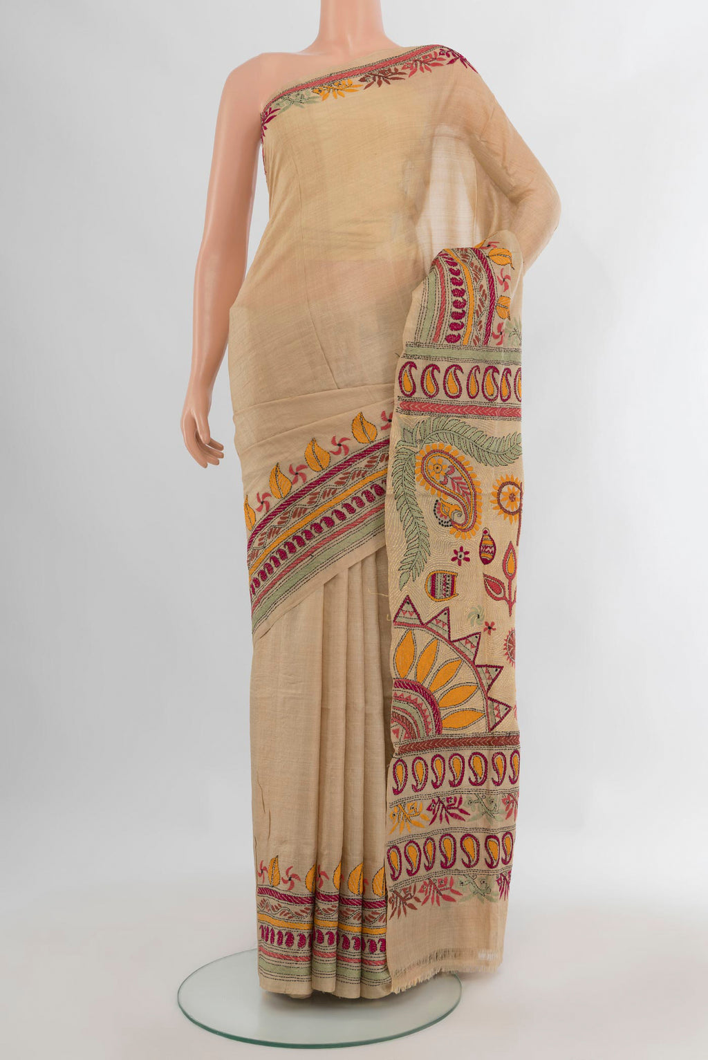 Beige Tussar Saree with Plain Body and Embroidery Border.  displayed on a mannequin