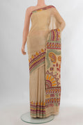 Beige Tussar Saree with Plain Body and Embroidery Border.  displayed on a mannequin