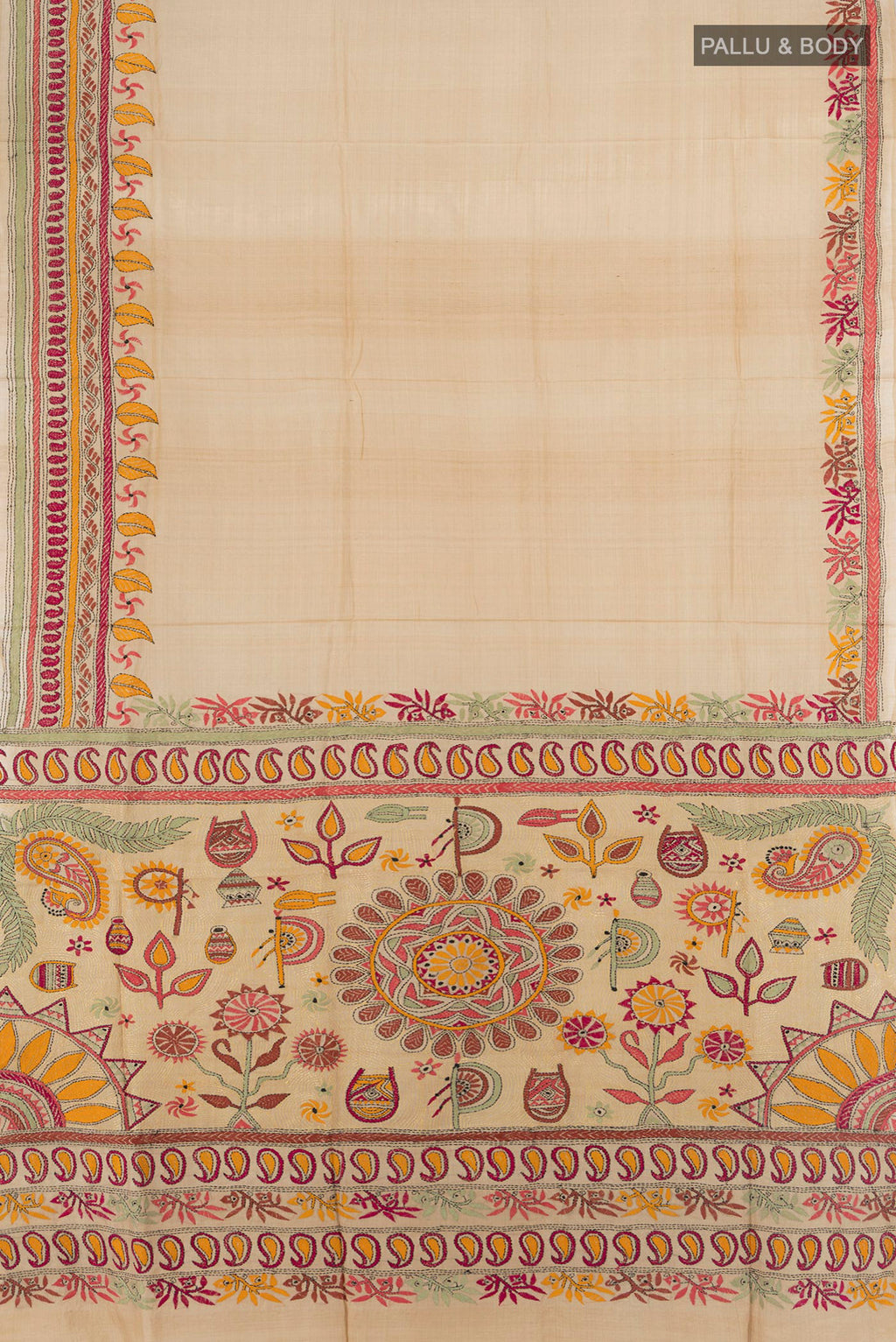 Flat view of Beige Tussar Saree with Plain Body and Embroidery Border. 