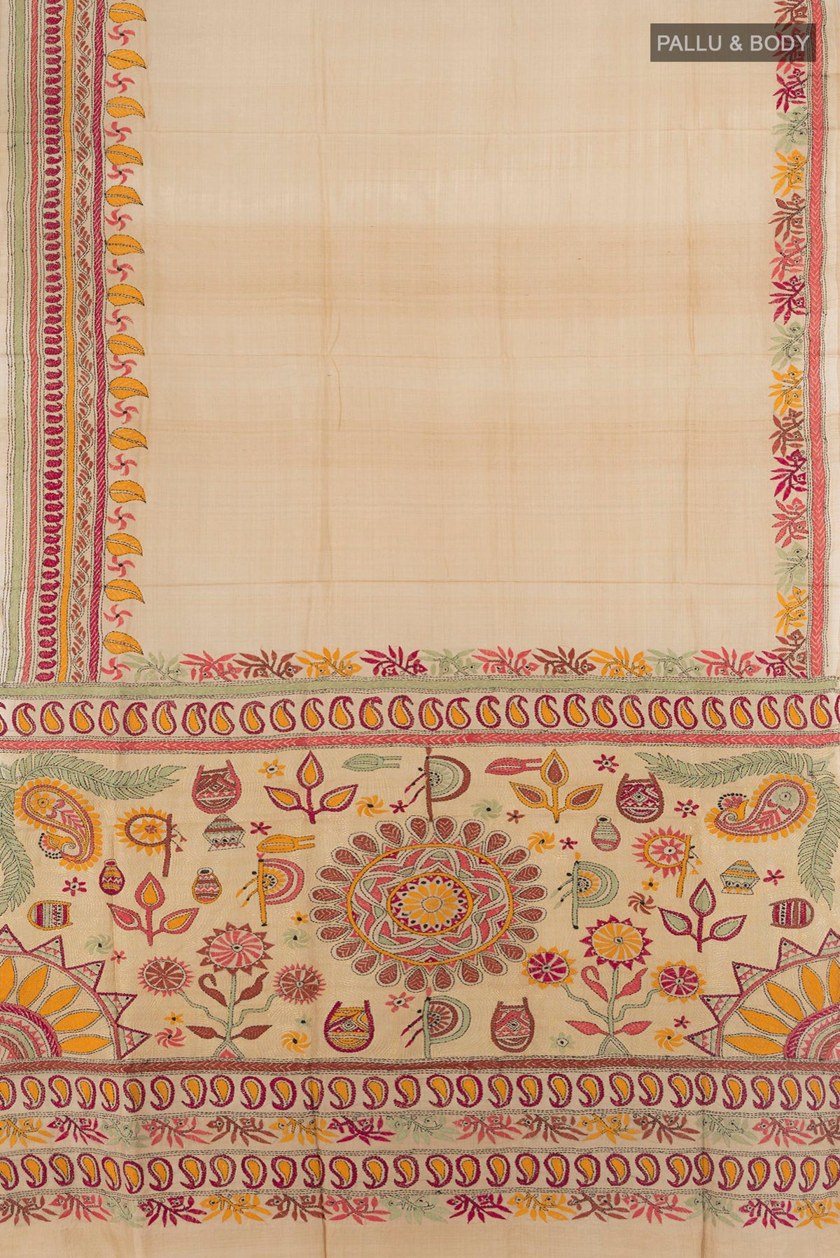 Flat view of Beige Tussar Saree with Plain Body and Embroidery Border. 