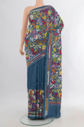Blue Grey Tussar Saree with Kantha Work on the body and Embroidery Border.  displayed on a mannequin