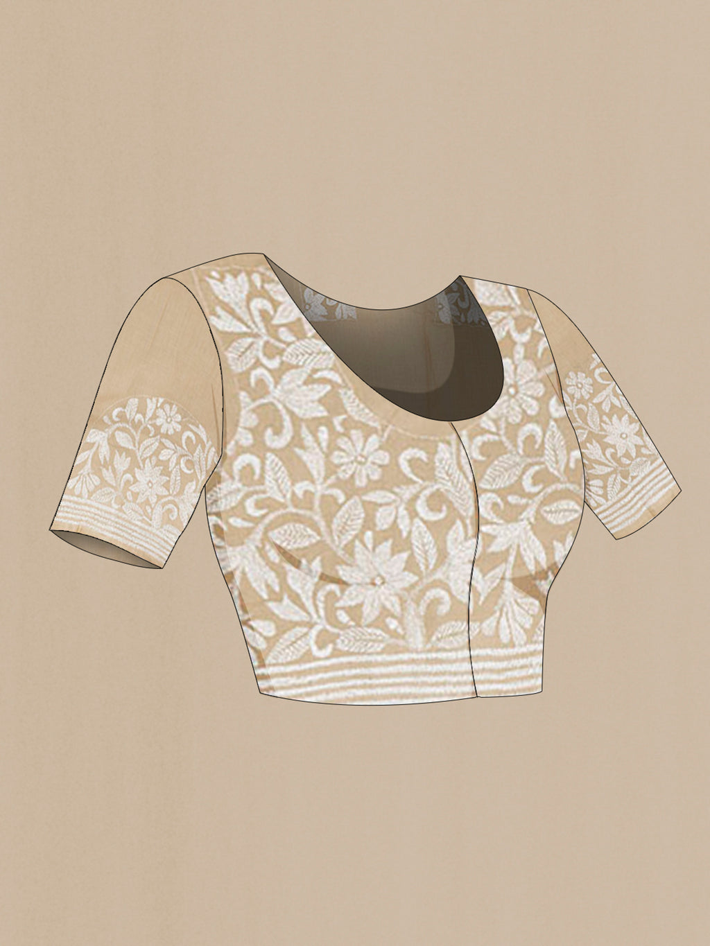 Close up image of the blouse of Beige Tussar Saree with Kantha Work on the body and Embroidery Border. 