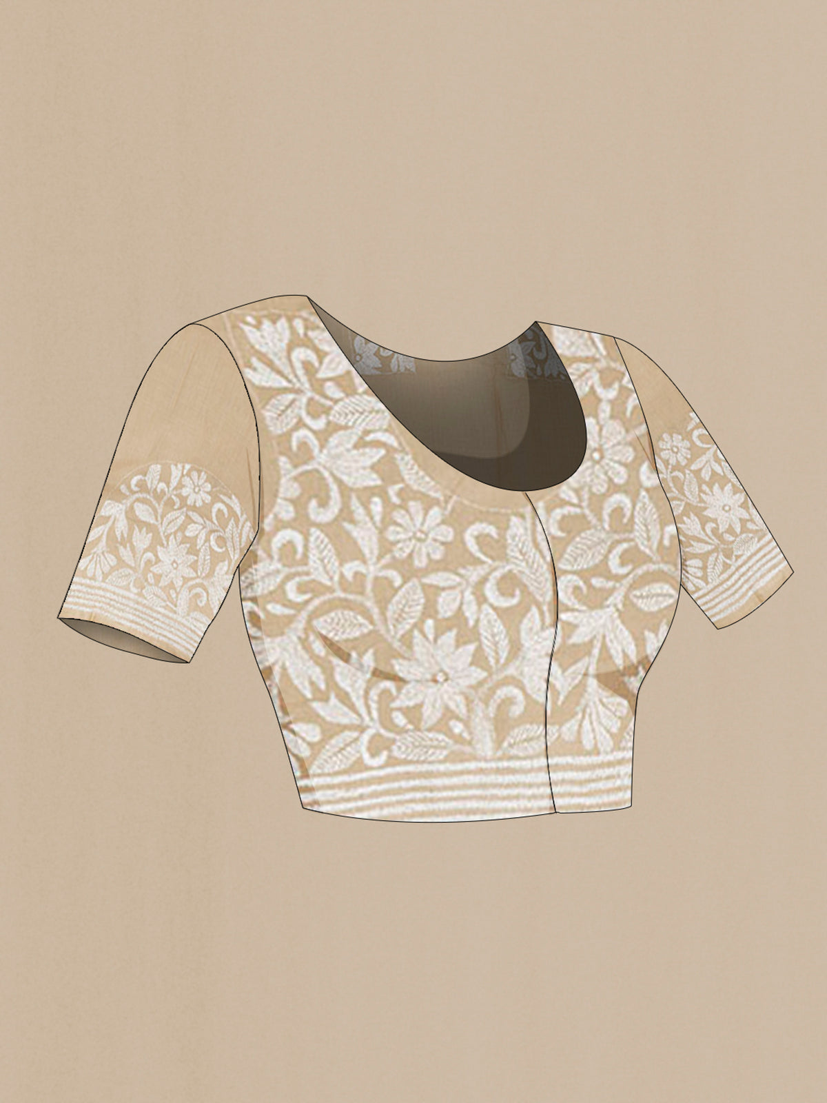 Close up image of the blouse of Beige Tussar Saree with Kantha Work on the body and Embroidery Border. 