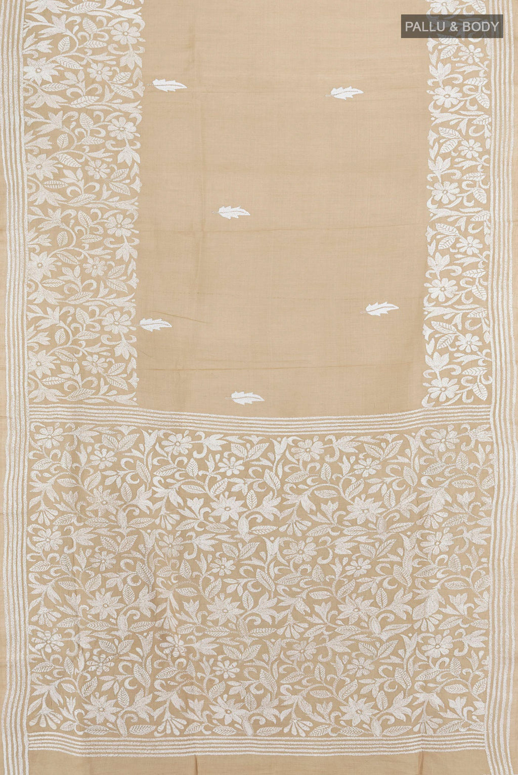 Flat view of Beige Tussar Saree with Kantha Work on the body and Embroidery Border. 