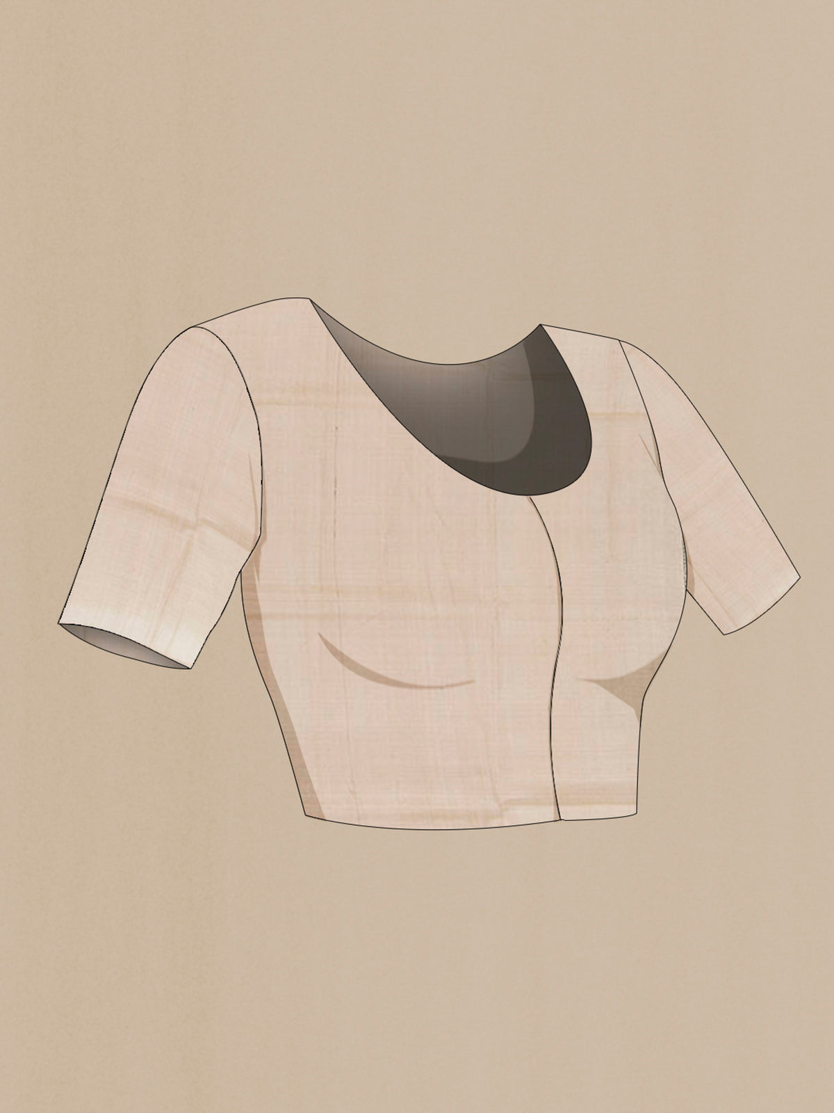 Close up image of the blouse of Beige Tussar Saree with Kantha Work on the body and Embroidery Border. 
