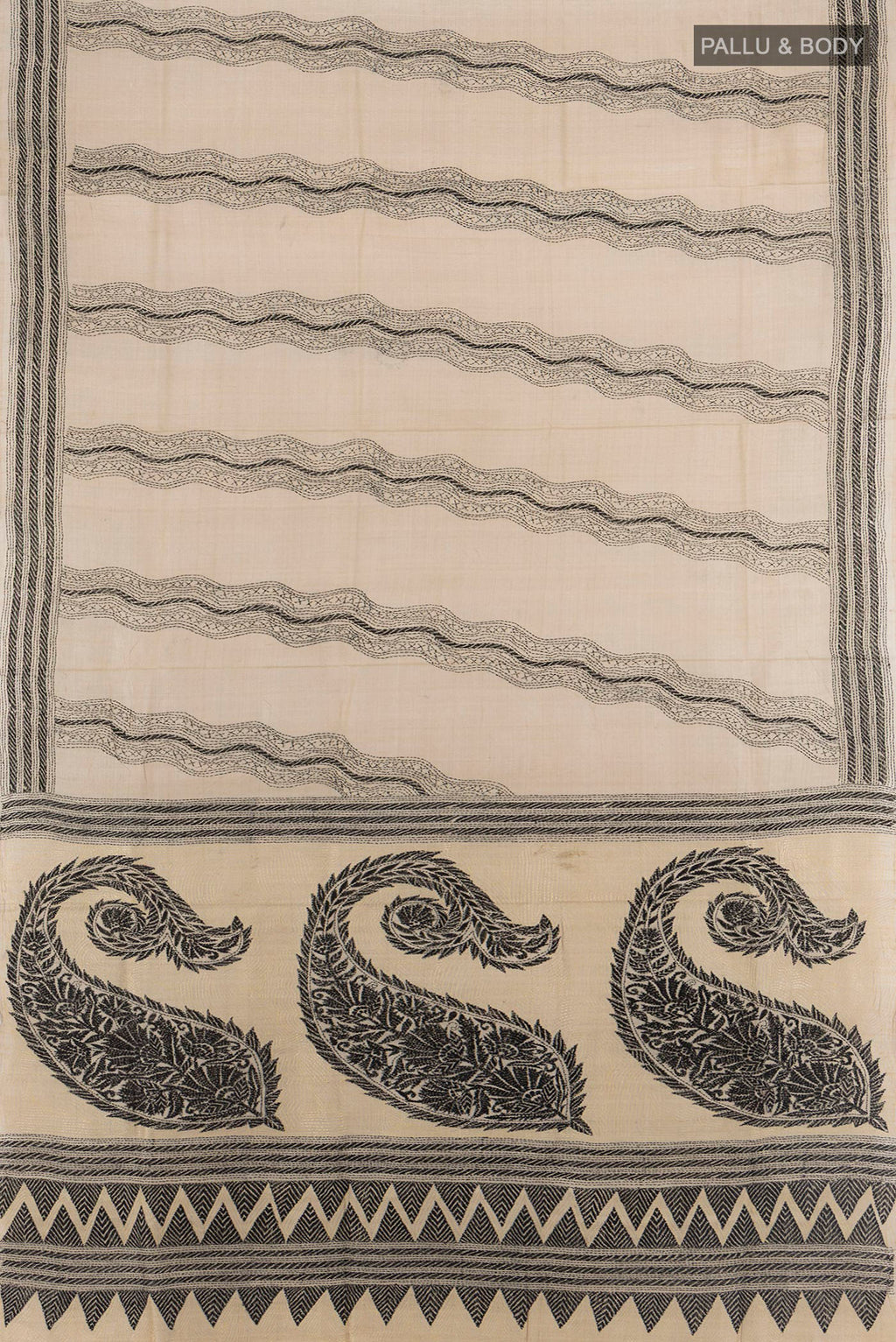 Flat view of Beige Tussar Saree with Kantha Work on the body and Embroidery Border. 