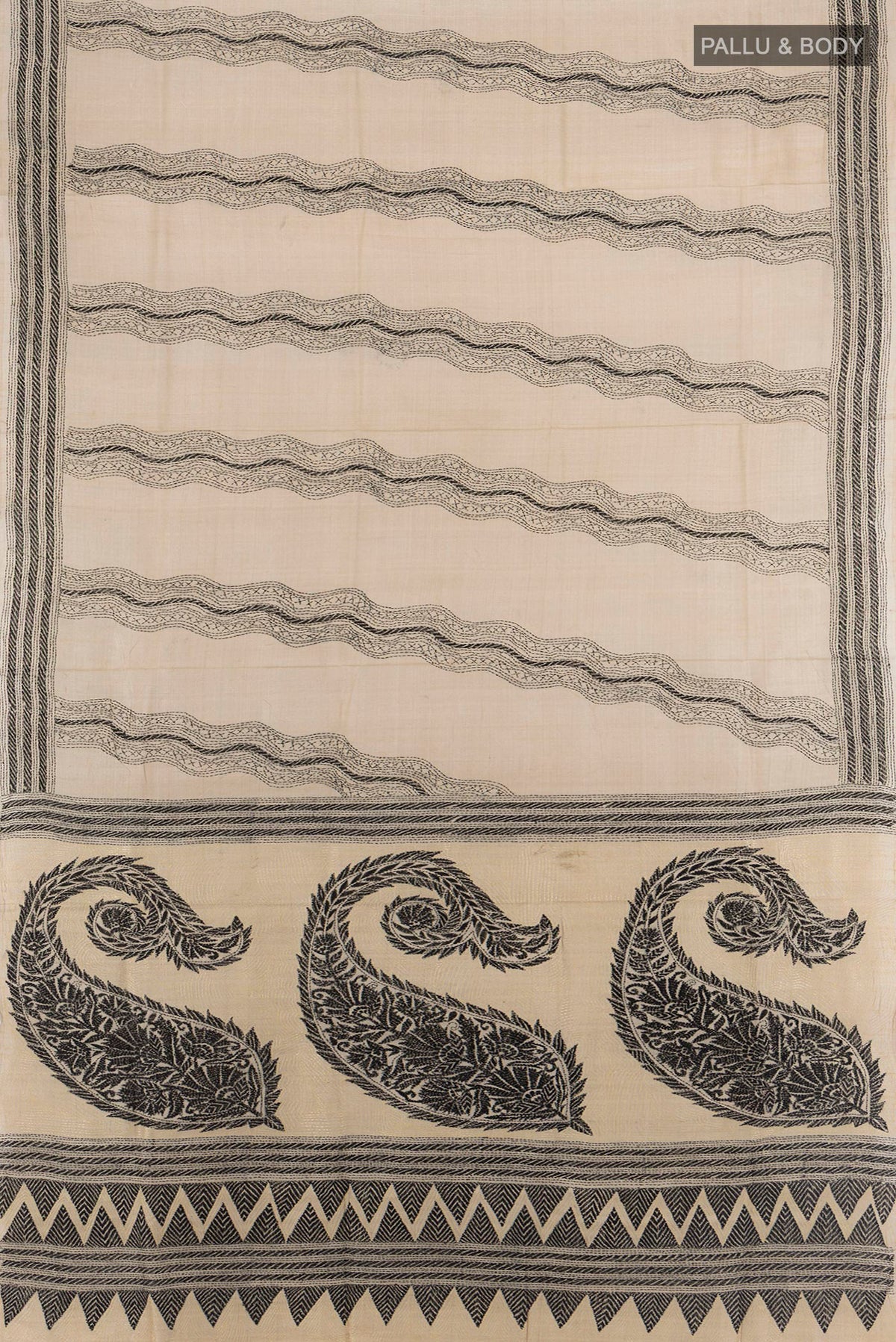 Flat view of Beige Tussar Saree with Kantha Work on the body and Embroidery Border. 