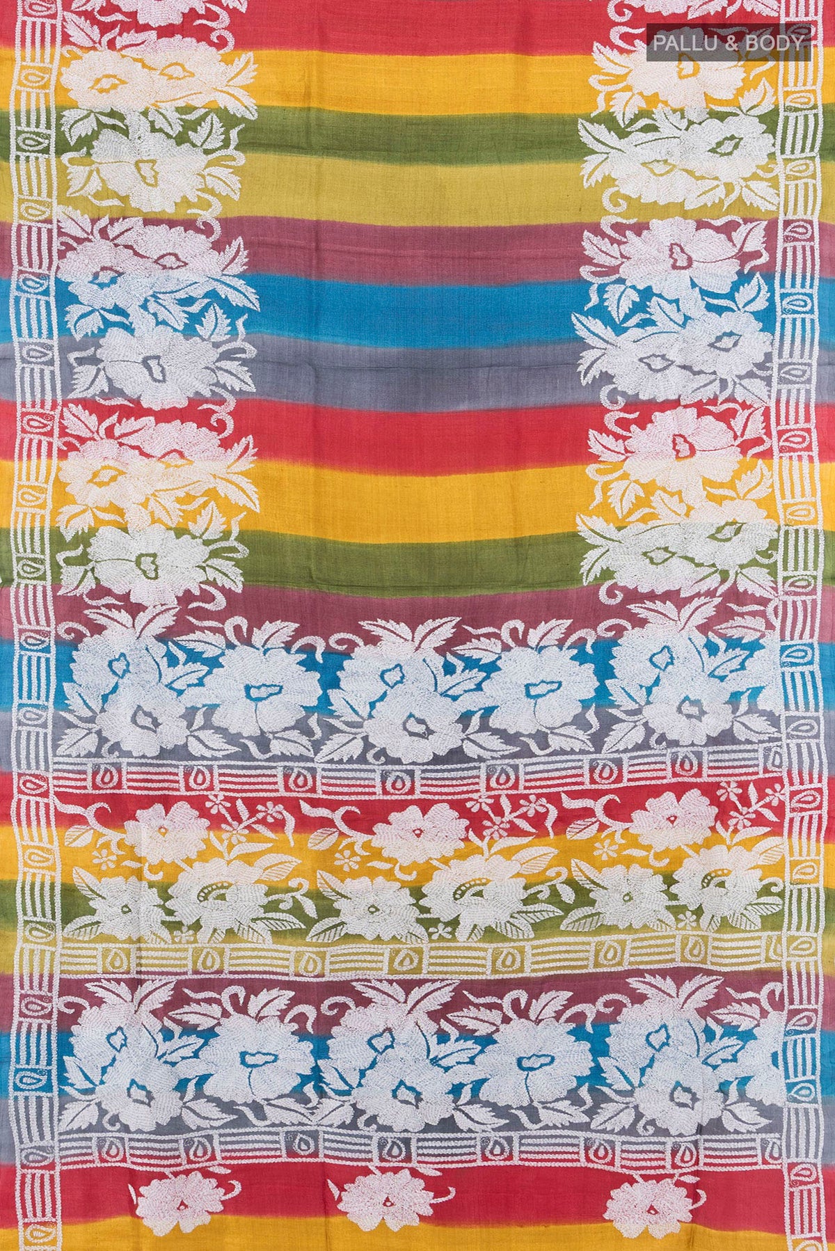 Flat view of Multi Color Tussar Saree with Kantha Work on the body and Embroidery Border. 