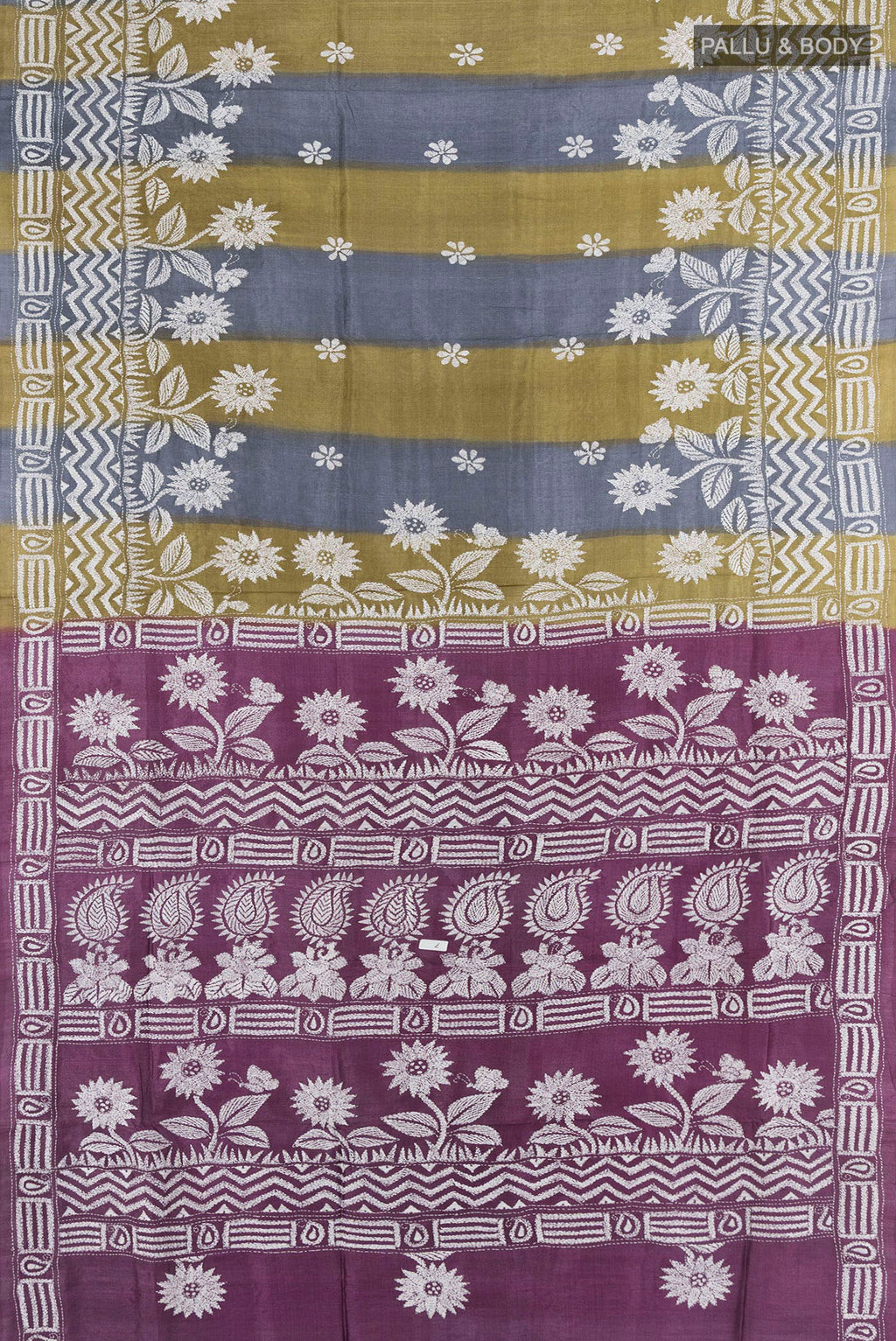 Flat view of Multi Color Tussar Saree with Kashmiri Work on the body and Embroidery Border. 
