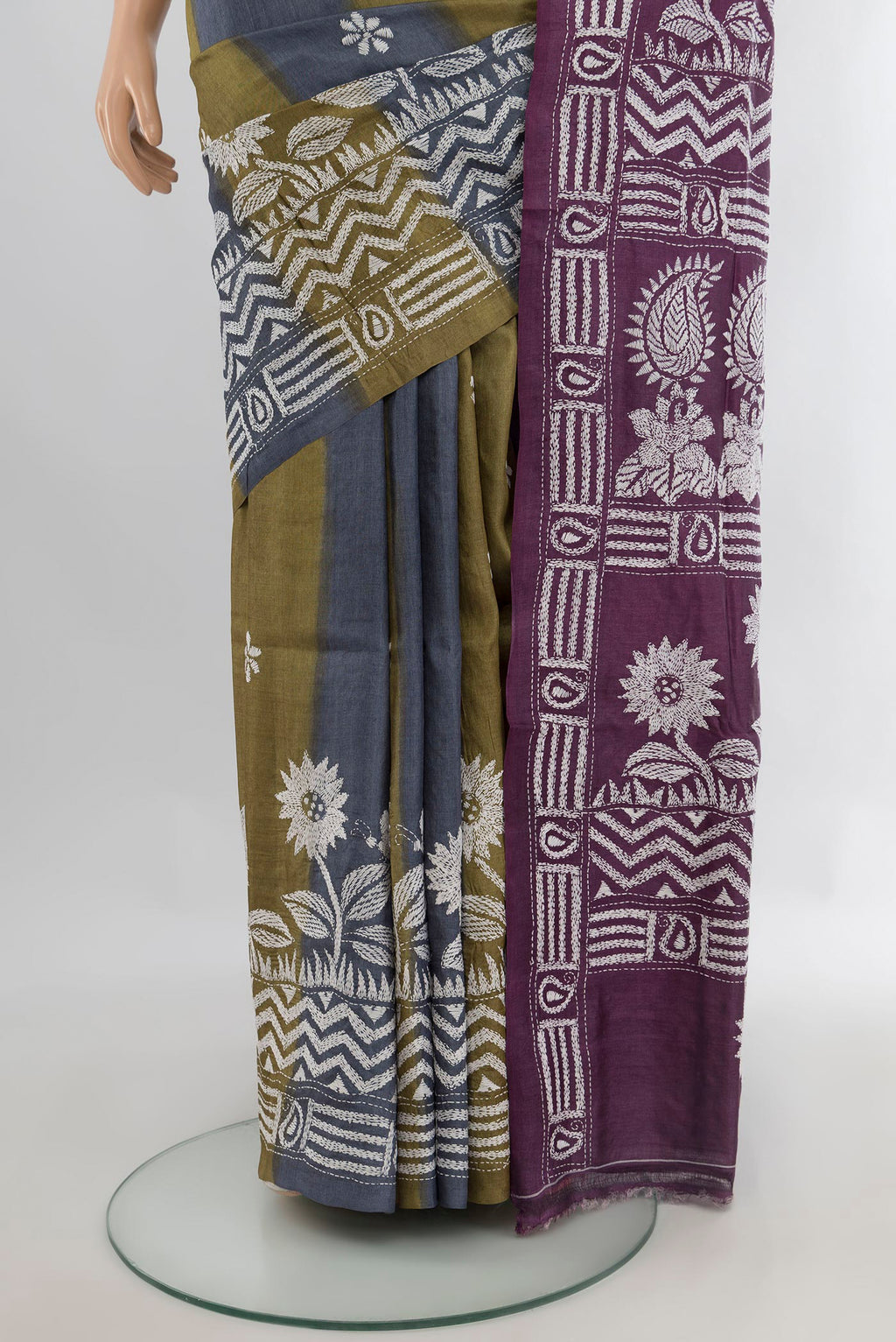 Pleats and pallu of Multi Color Tussar Saree with Kashmiri Work on the body and Embroidery Border. 