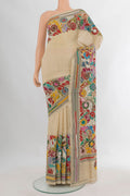 Cream Tussar Saree with Kantha Work on the body and Embroidery Border.  displayed on a mannequin
