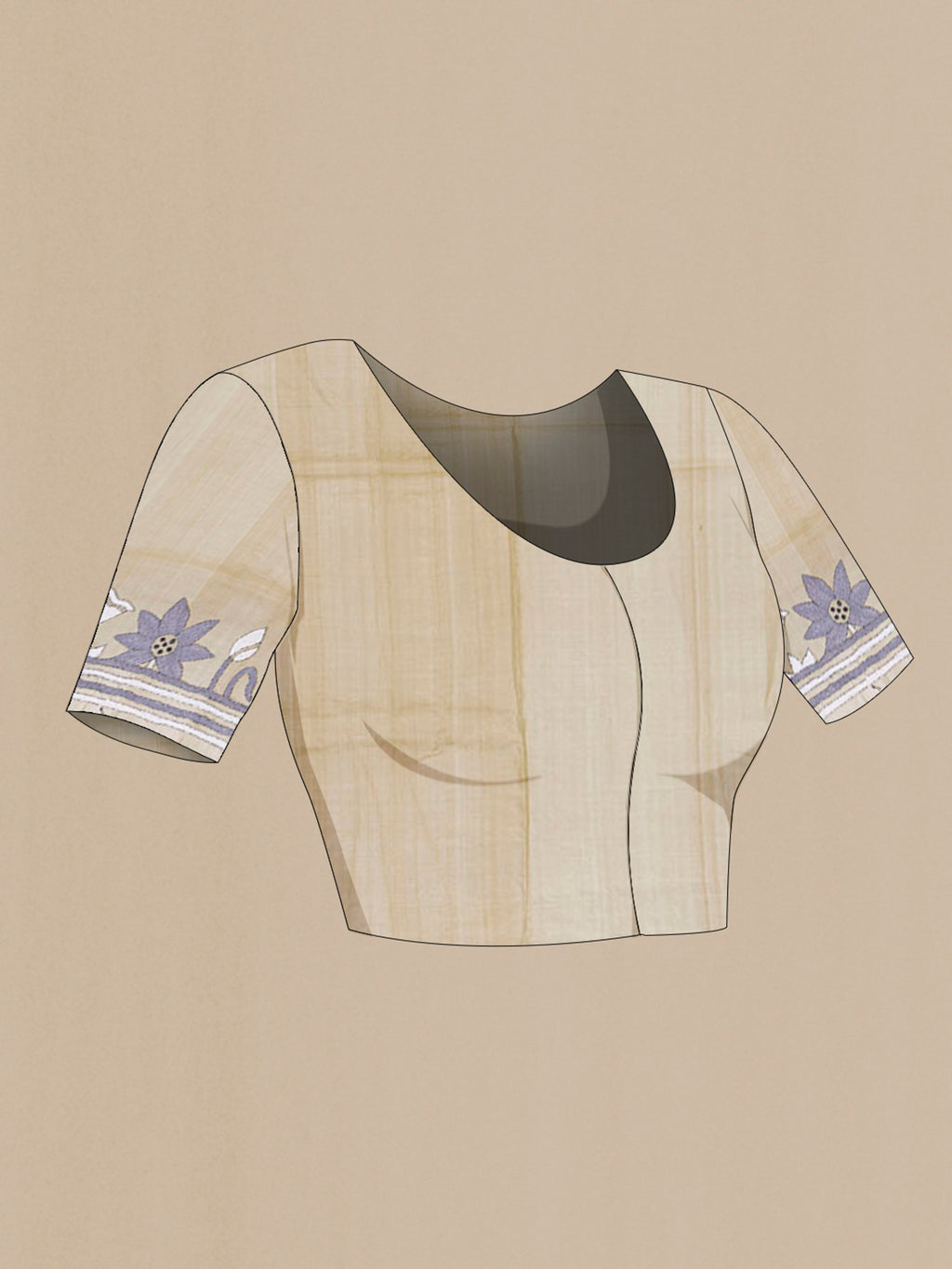 Close up image of the blouse of Cream Tussar Saree with Plain Body and Embroidery Border. 