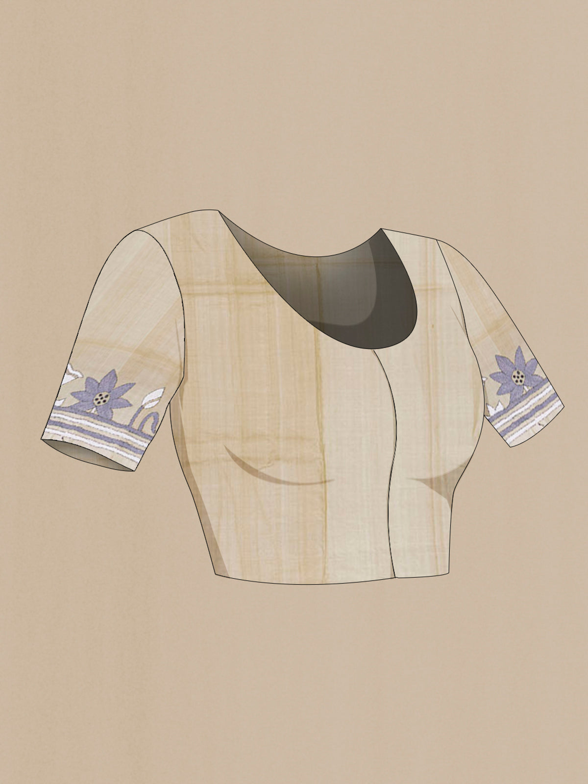 Close up image of the blouse of Cream Tussar Saree with Plain Body and Embroidery Border. 