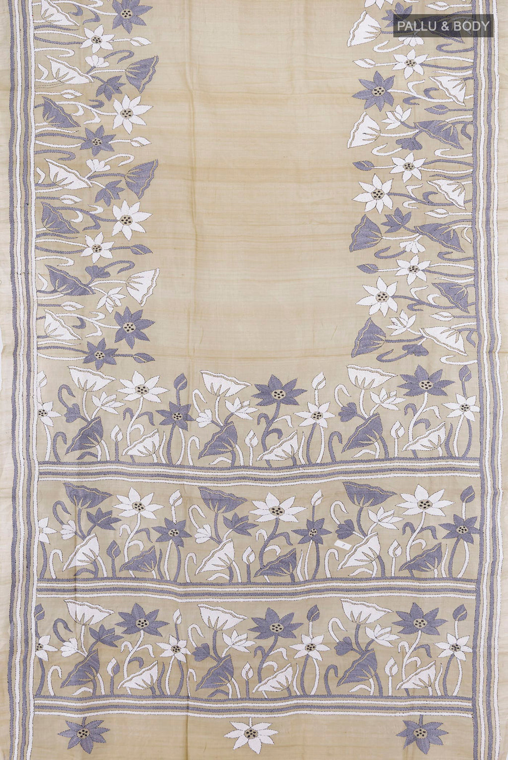 Flat view of Cream Tussar Saree with Plain Body and Embroidery Border. 