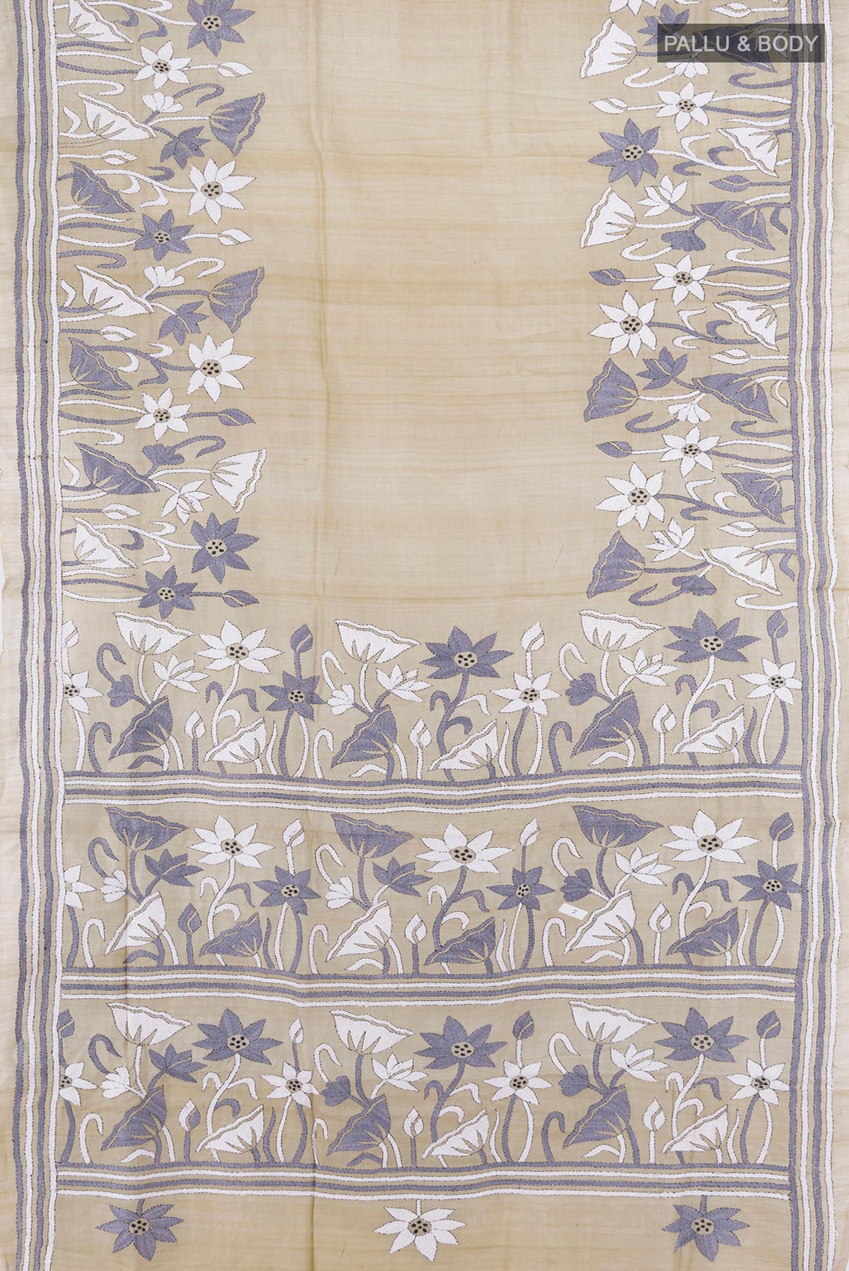 Flat view of Cream Tussar Saree with Plain Body and Embroidery Border. 