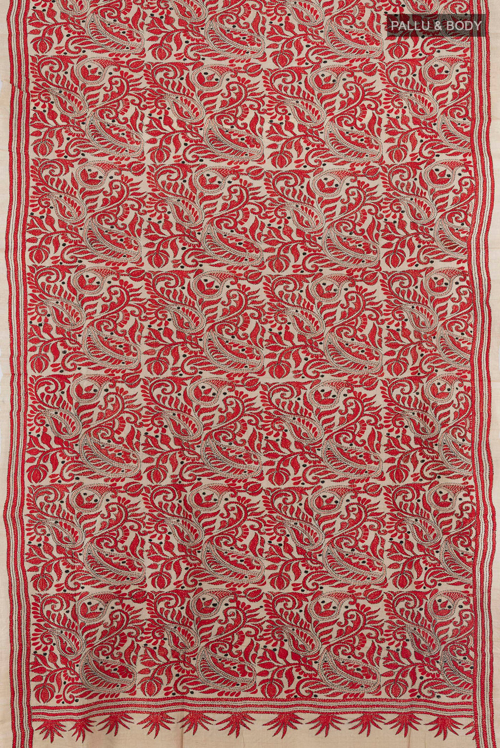 Flat view of Beige Tussar Saree with Kantha Work on the body and Thread Embroidery Border. 