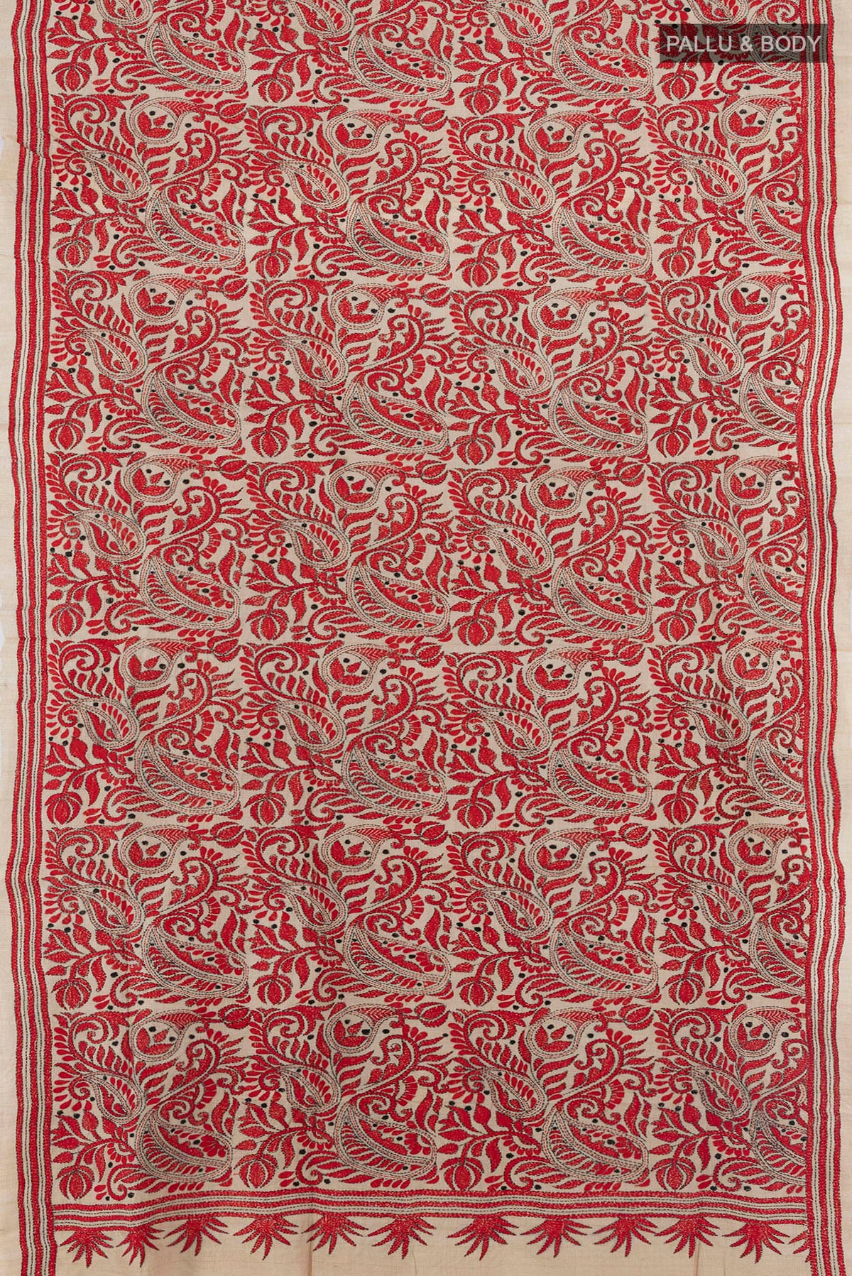 Flat view of Beige Tussar Saree with Kantha Work on the body and Thread Embroidery Border. 