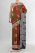 Multi Color Tussar Saree with Embroidery on the body and Embroidery Border.  displayed on a mannequin