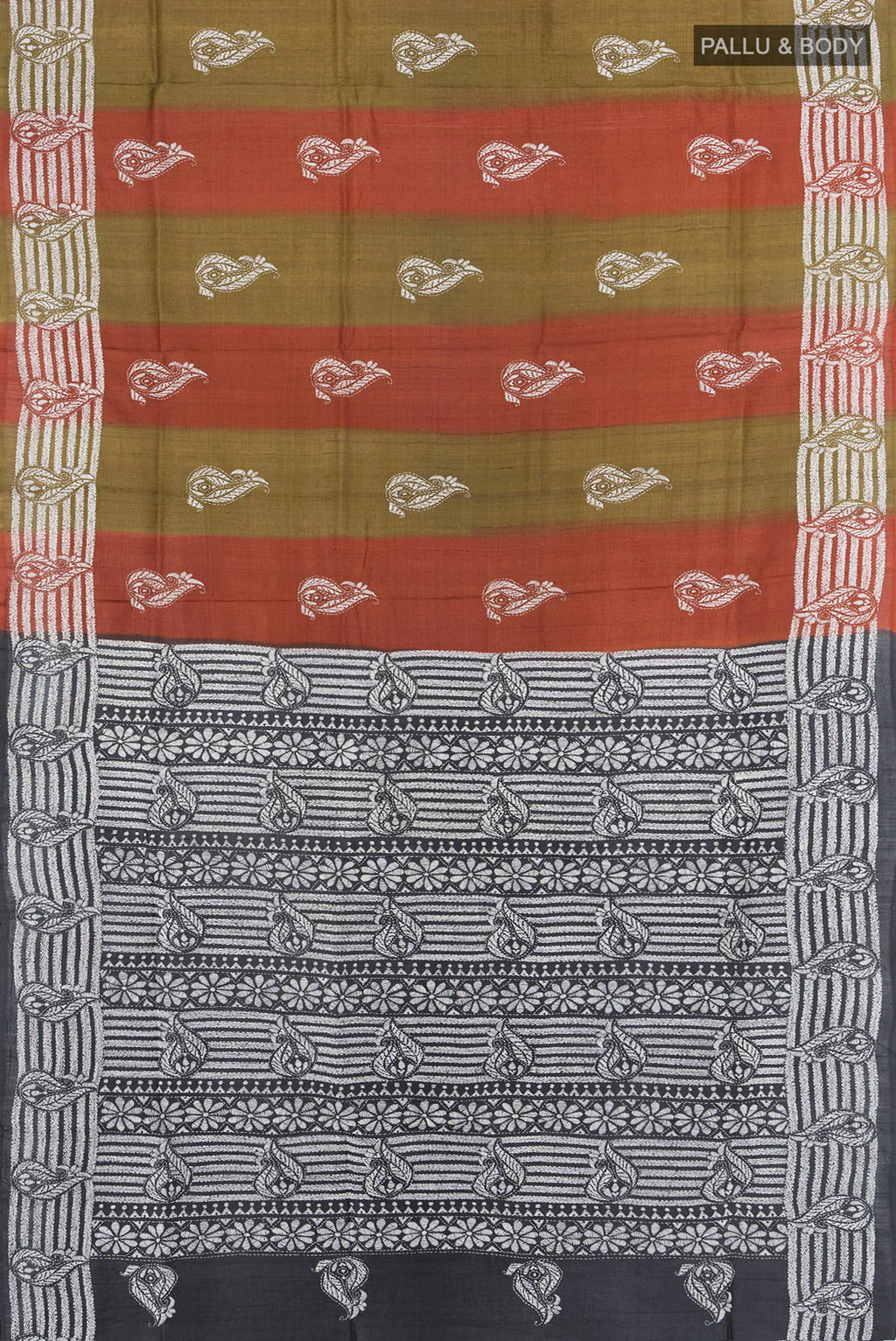Flat view of Multi Color Tussar Saree with Embroidery on the body and Embroidery Border. 