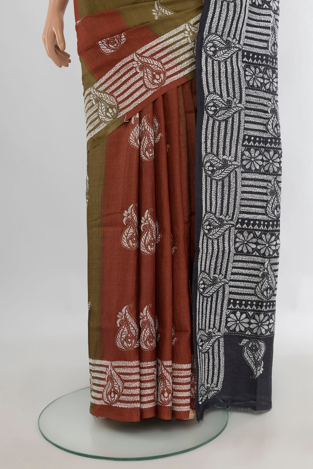 Pleats and pallu of Multi Color Tussar Saree with Embroidery on the body and Embroidery Border. 