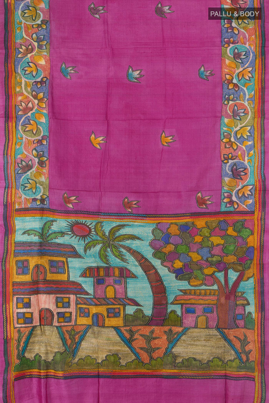 Flat view of Magenta Tussar Saree with Kantha Work on the body and Embroidery Border. 