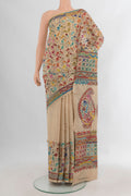 Beige Tussar Saree with Embroidery on the body and Embroidery Border.  displayed on a mannequin