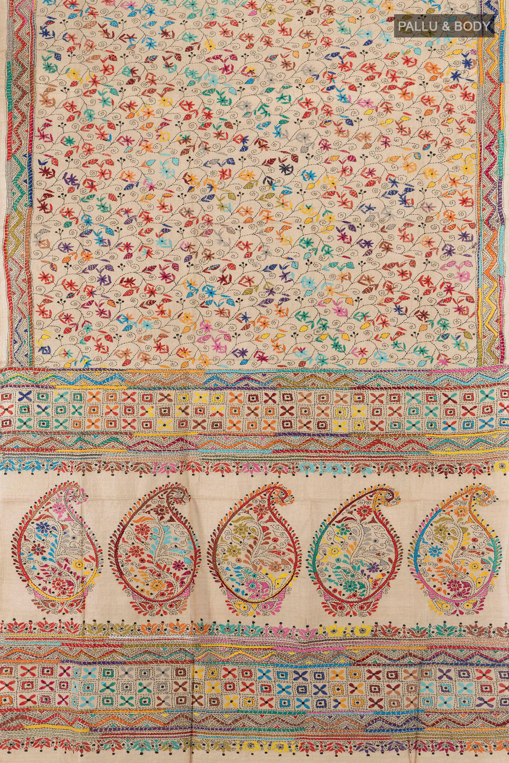 Flat view of Beige Tussar Saree with Embroidery on the body and Embroidery Border. 