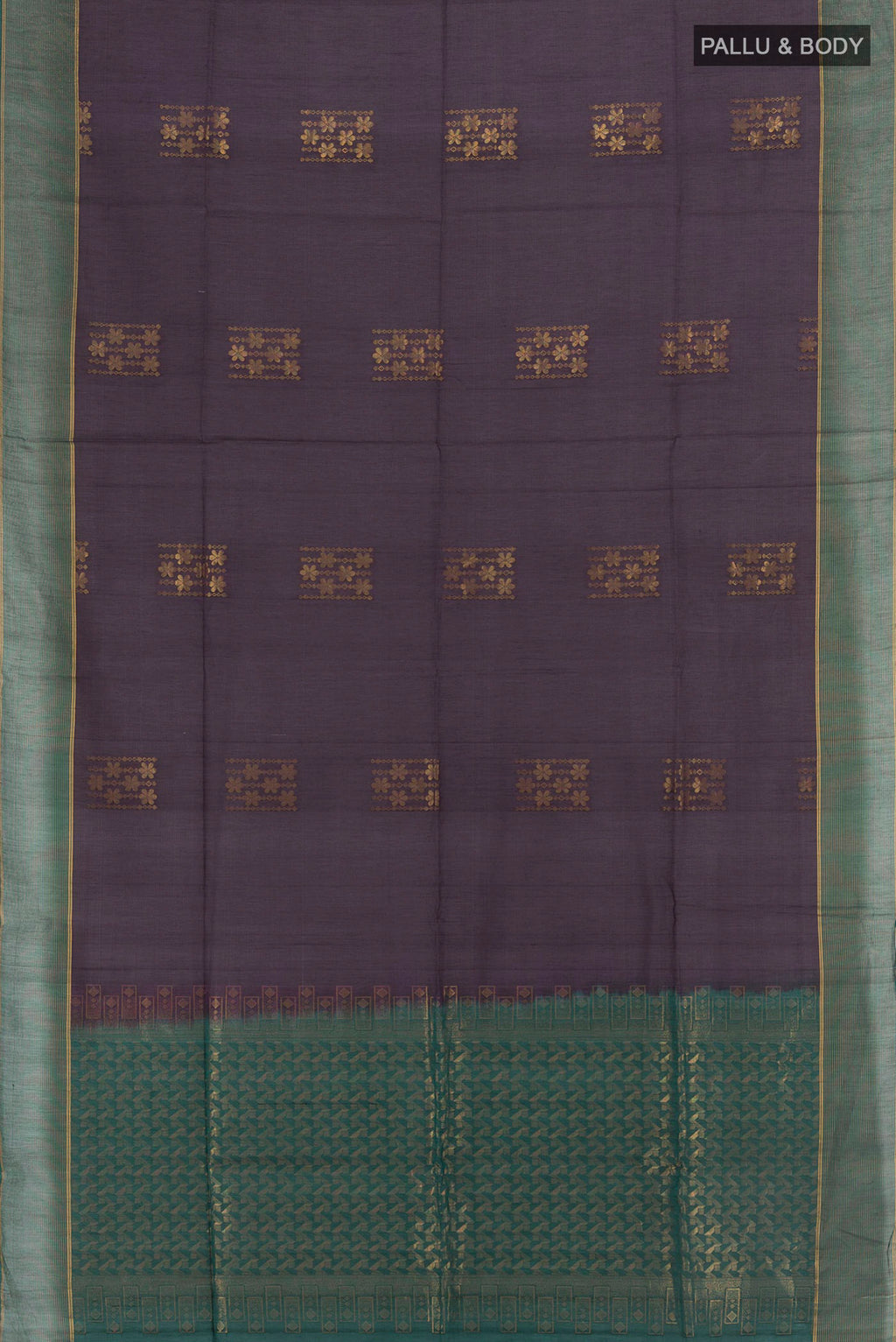 Flat view of Navy Blue Silk Cotton Saree with Zari Butta on the body and Without Border. 