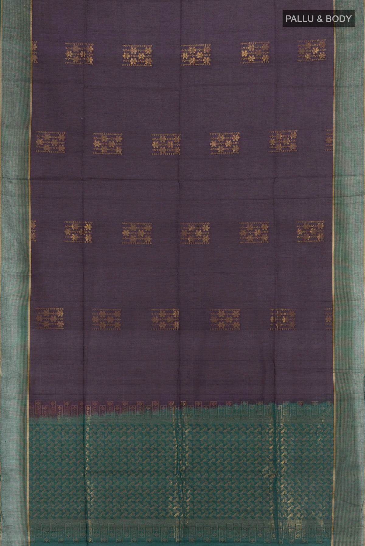 Flat view of Navy Blue Silk Cotton Saree with Zari Butta on the body and Without Border. 