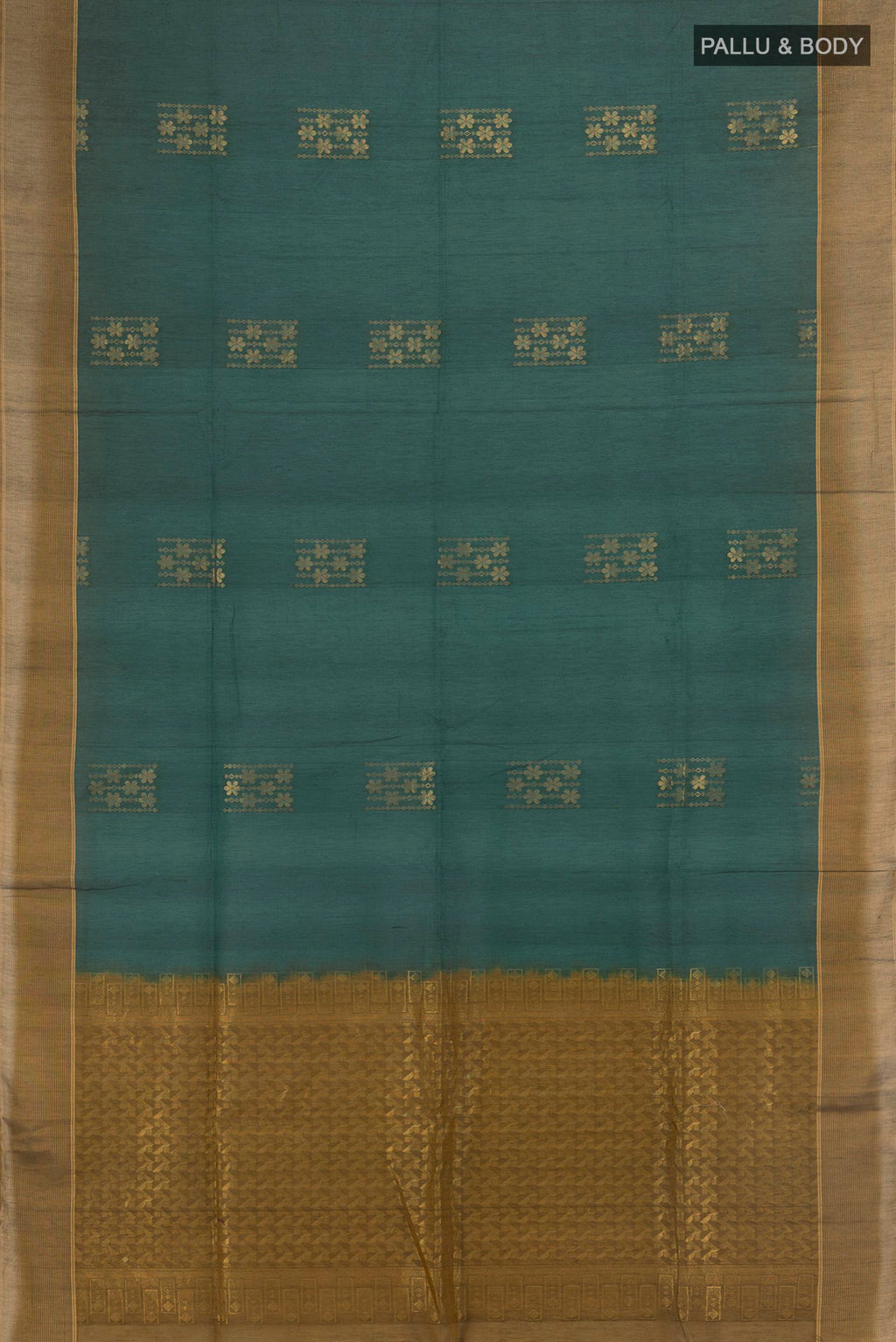 Flat view of Bottle Green Silk Cotton Saree with Zari Butta on the body and Plain Border. 