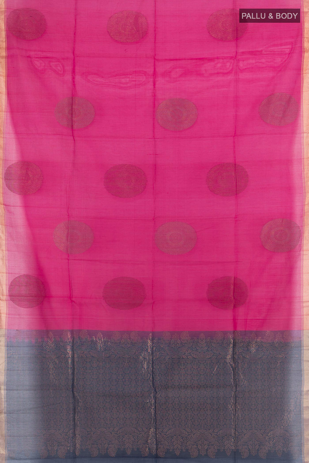 Flat view of Pink Silk Cotton Saree with Zari And Thread Butta on the body and Zari Border. 