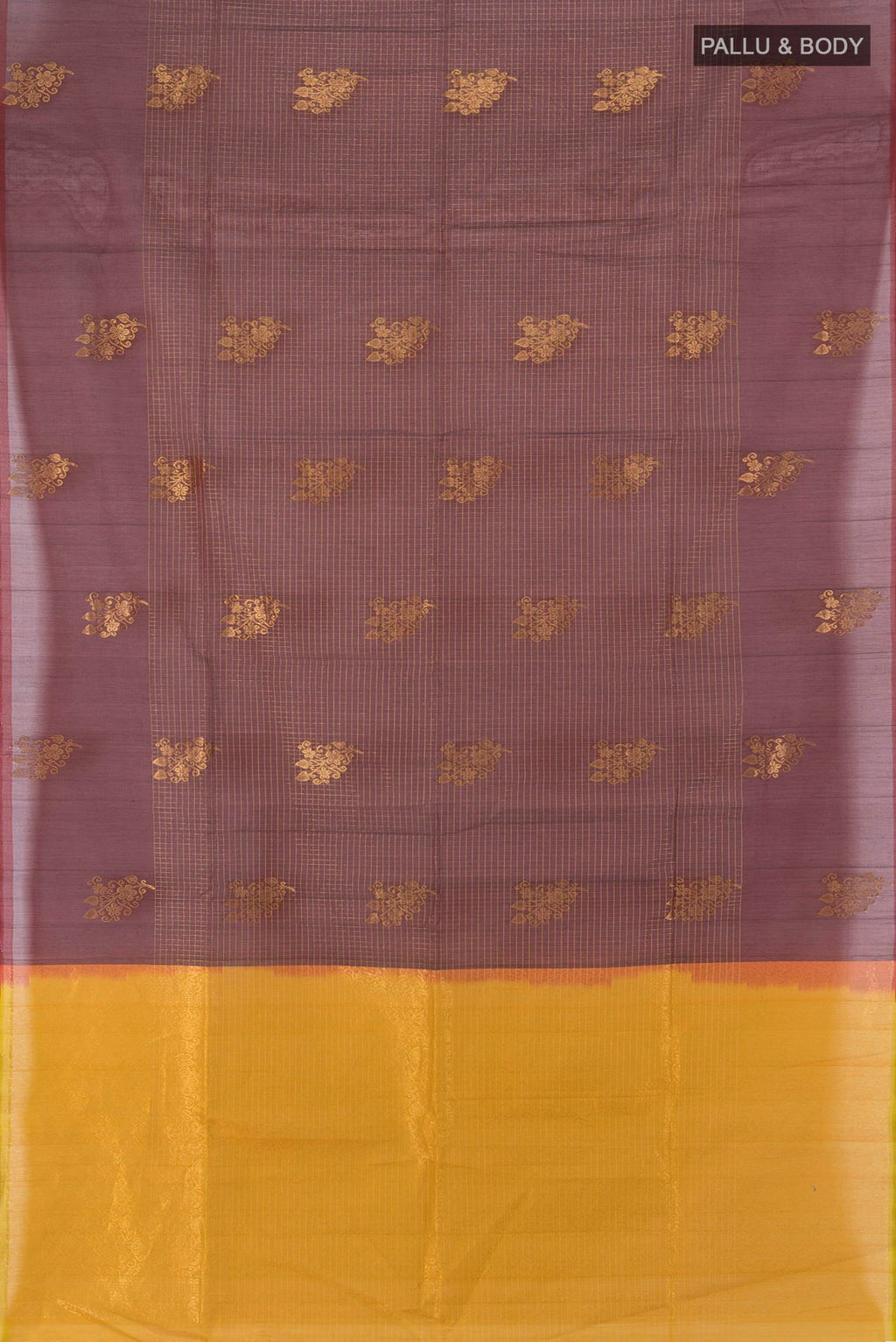 Flat view of Brown Silk Cotton Saree with Checked design on the body and Without Border. 