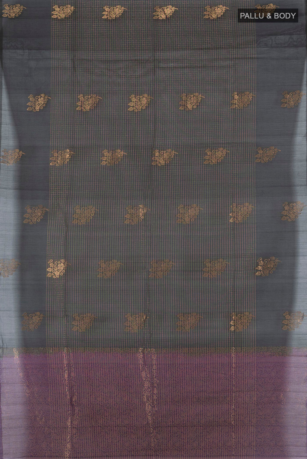 Flat view of Black Silk Cotton Saree with Checked design on the body and Plain Border. 