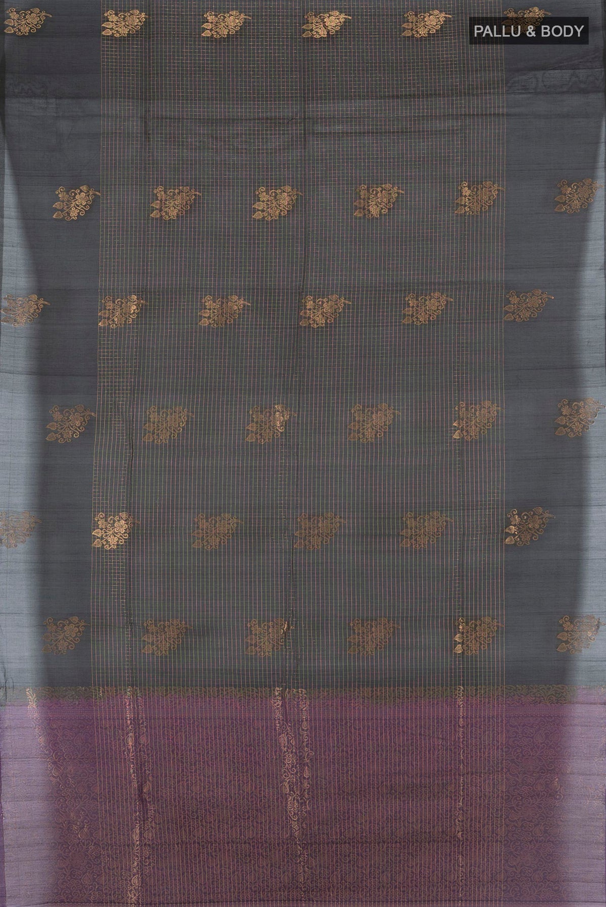 Flat view of Black Silk Cotton Saree with Checked design on the body and Plain Border. 