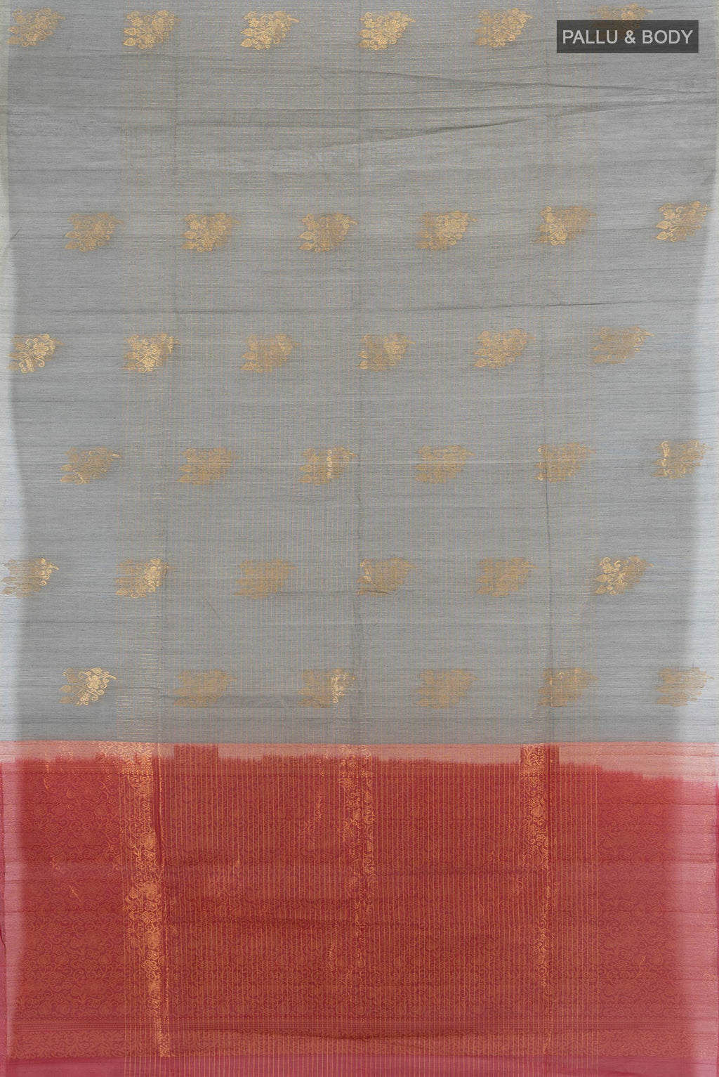 Flat view of Davys Grey Silk Cotton Saree with Checked design on the body and Plain Border. 