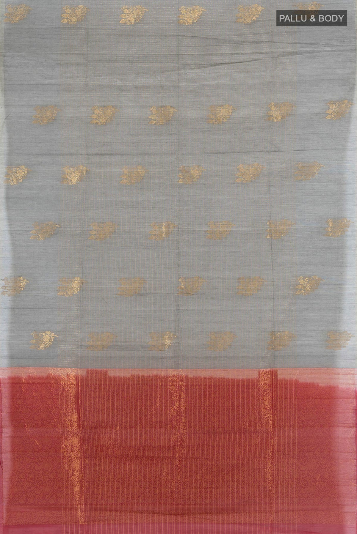 Flat view of Davys Grey Silk Cotton Saree with Checked design on the body and Plain Border. 