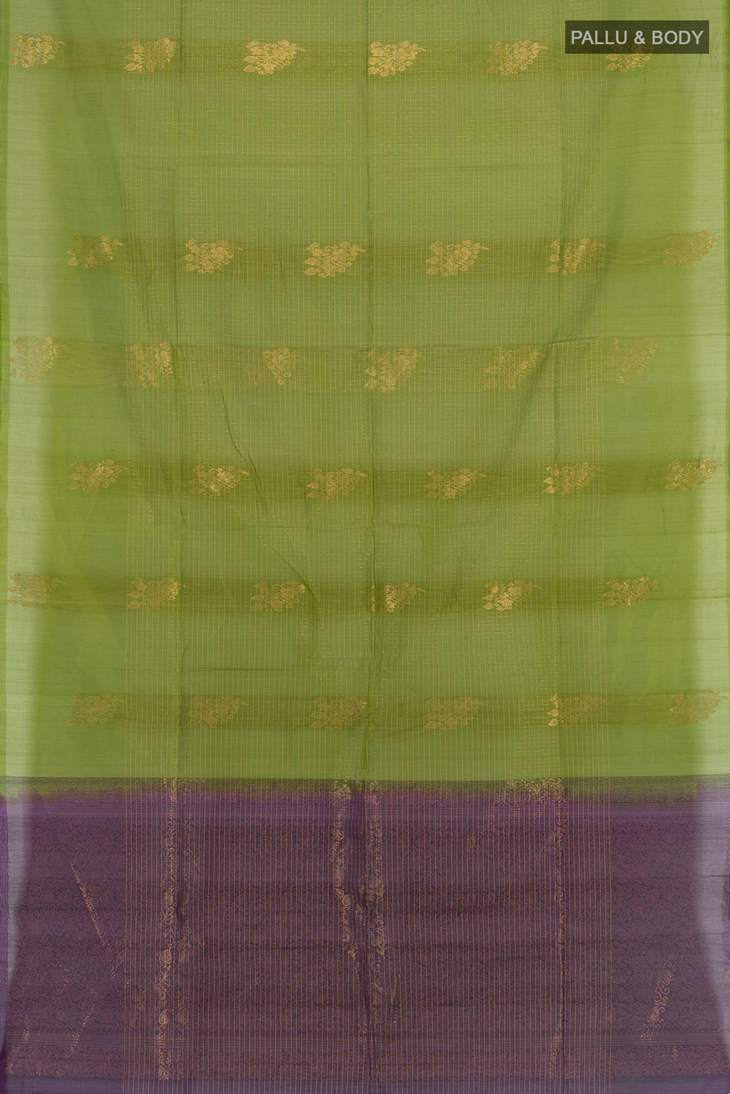 Flat view of Light Green Silk Cotton Saree with Checked design on the body and Without Border. 