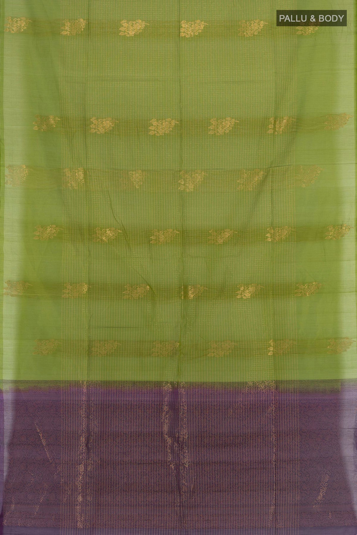 Flat view of Light Green Silk Cotton Saree with Checked design on the body and Without Border. 