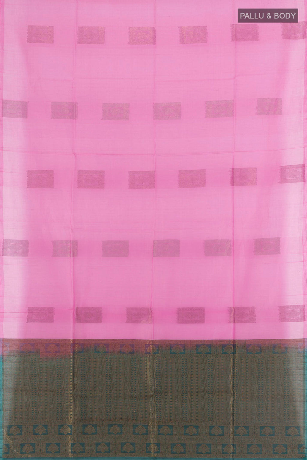 Flat view of Rose pink Silk Cotton Saree with Thread Butta on the body and Without Border. 
