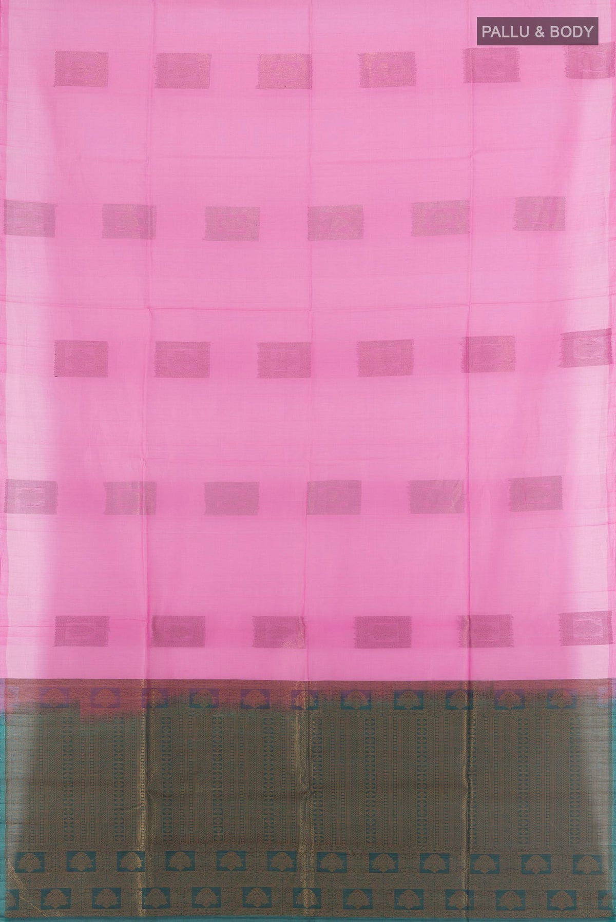 Flat view of Rose pink Silk Cotton Saree with Thread Butta on the body and Without Border. 