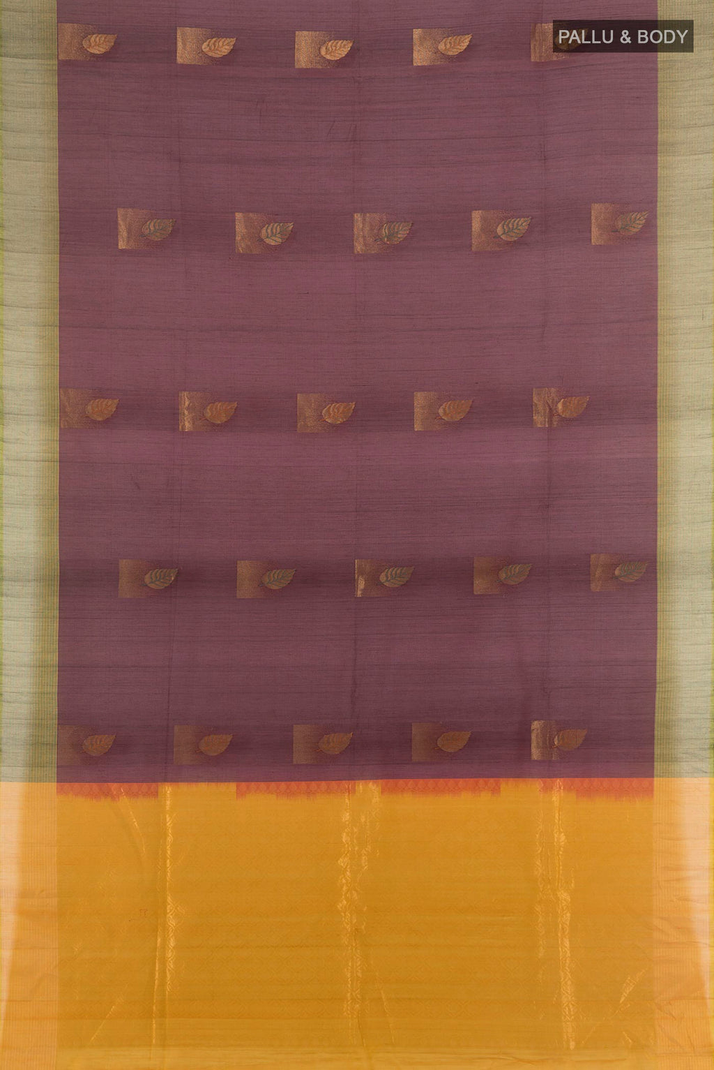 Flat view of Coffee Brown Silk Cotton Saree with Zari Butta on the body and Zari Border. 