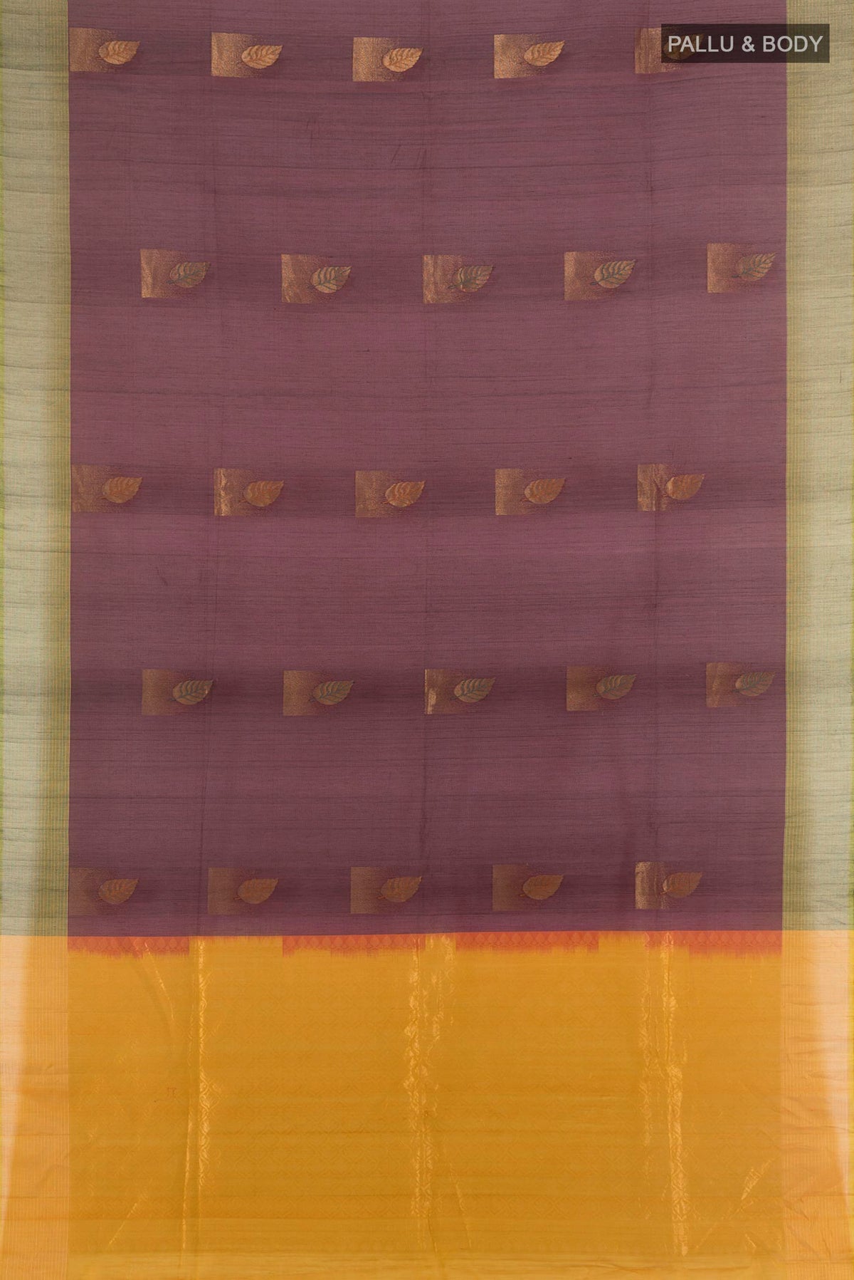 Flat view of Coffee Brown Silk Cotton Saree with Zari Butta on the body and Zari Border. 