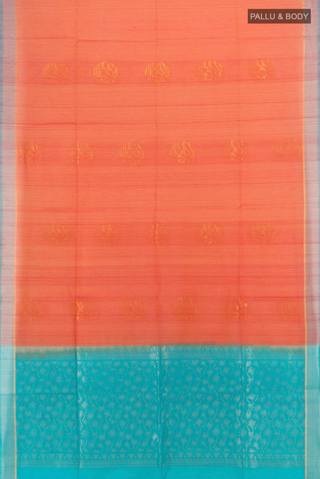Flat view of Orange Silk Cotton Saree with Zari Butta on the body and Plain Border. 