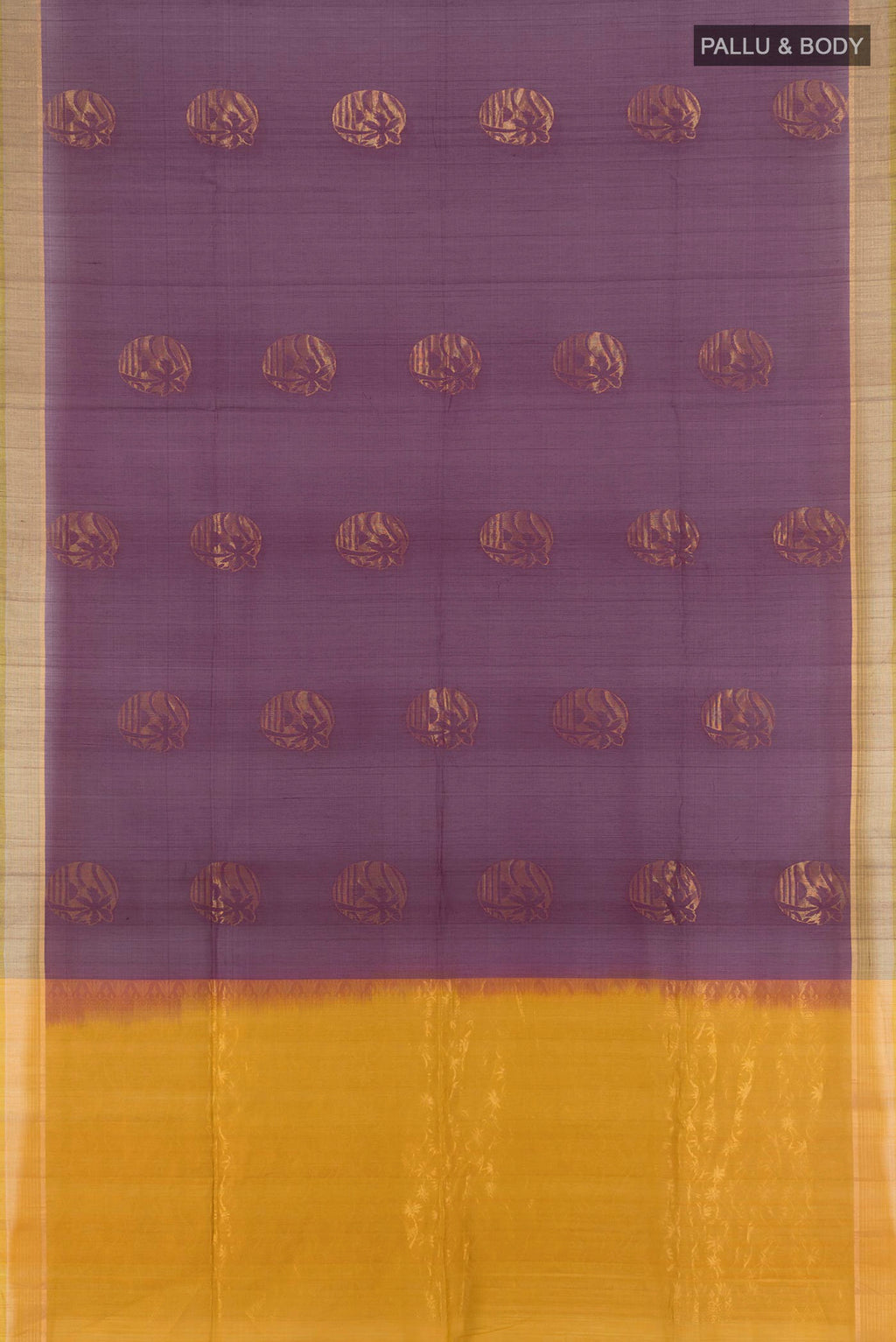 Flat view of Burgundy Silk Cotton Saree with Zari Butta on the body and Zari Border. 