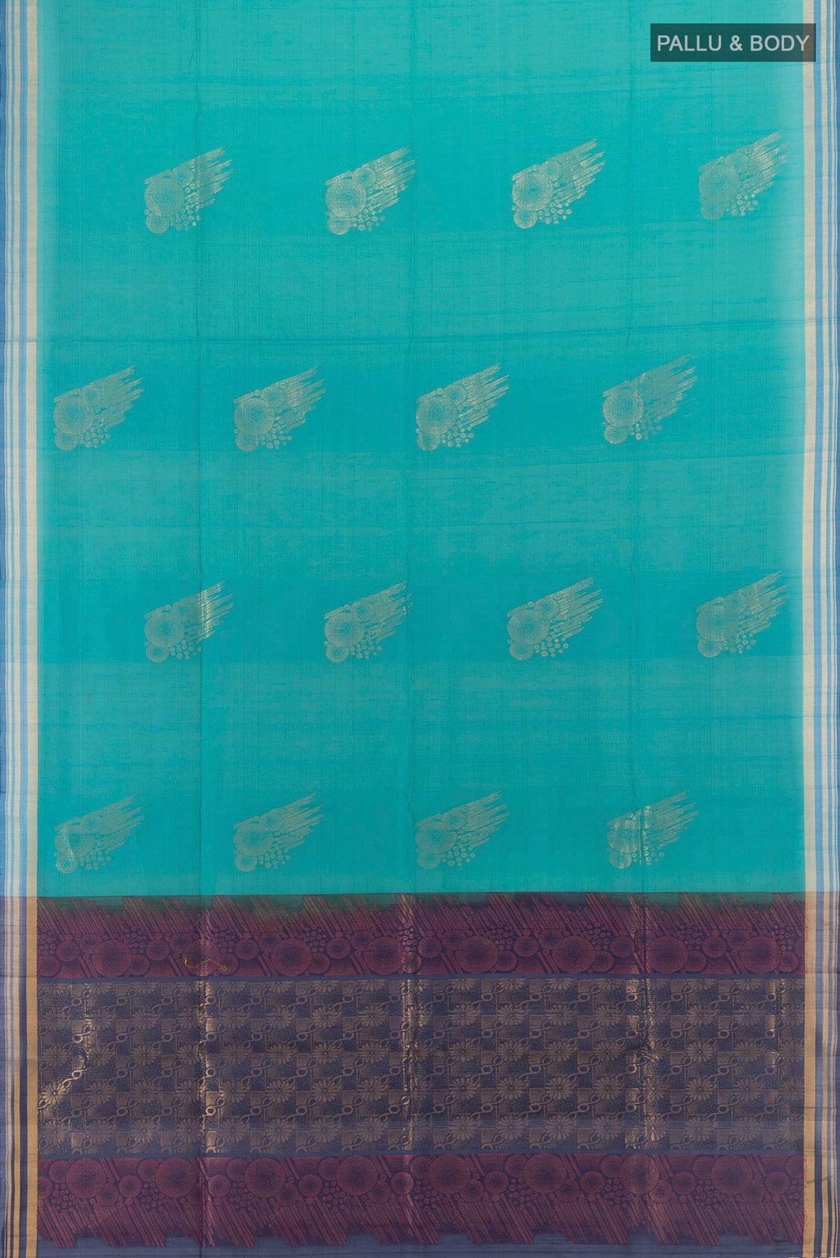 Flat view of Peacock Blue Silk Cotton Saree with Zari Butta on the body and Zari Border. 
