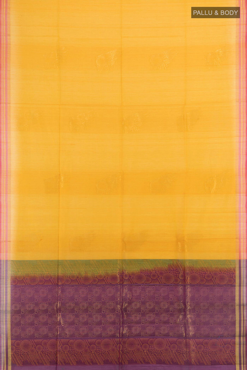 Flat view of Mustard Kora Cotton Saree with Zari Butta on the body and Plain Border. 