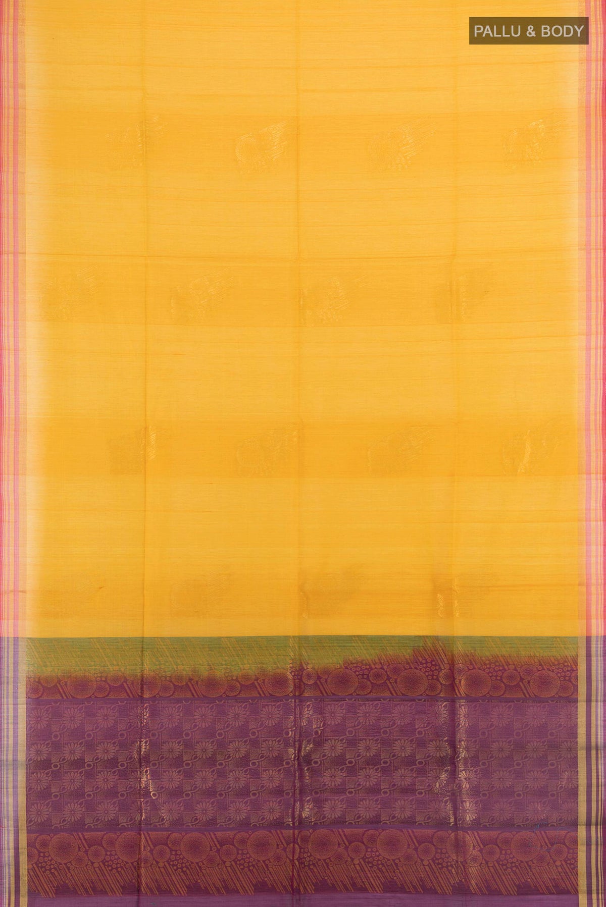 Flat view of Mustard Kora Cotton Saree with Zari Butta on the body and Plain Border. 