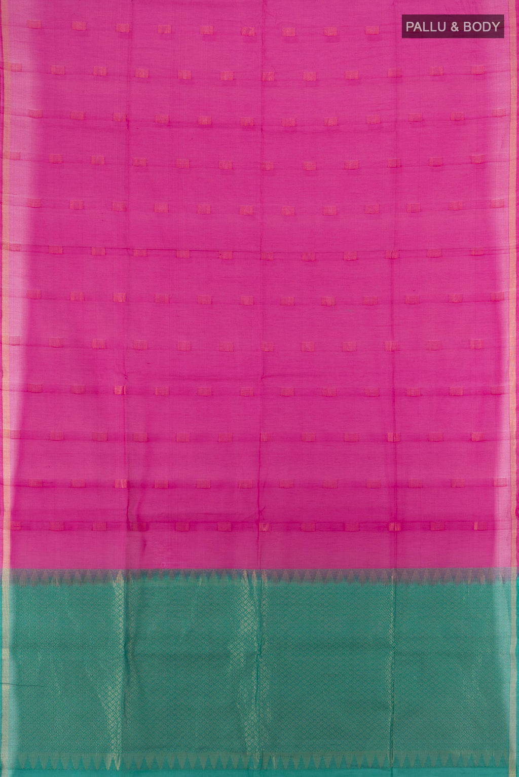 Flat view of Pink Silk Cotton Saree with Zari Butta on the body and Zari Border. 