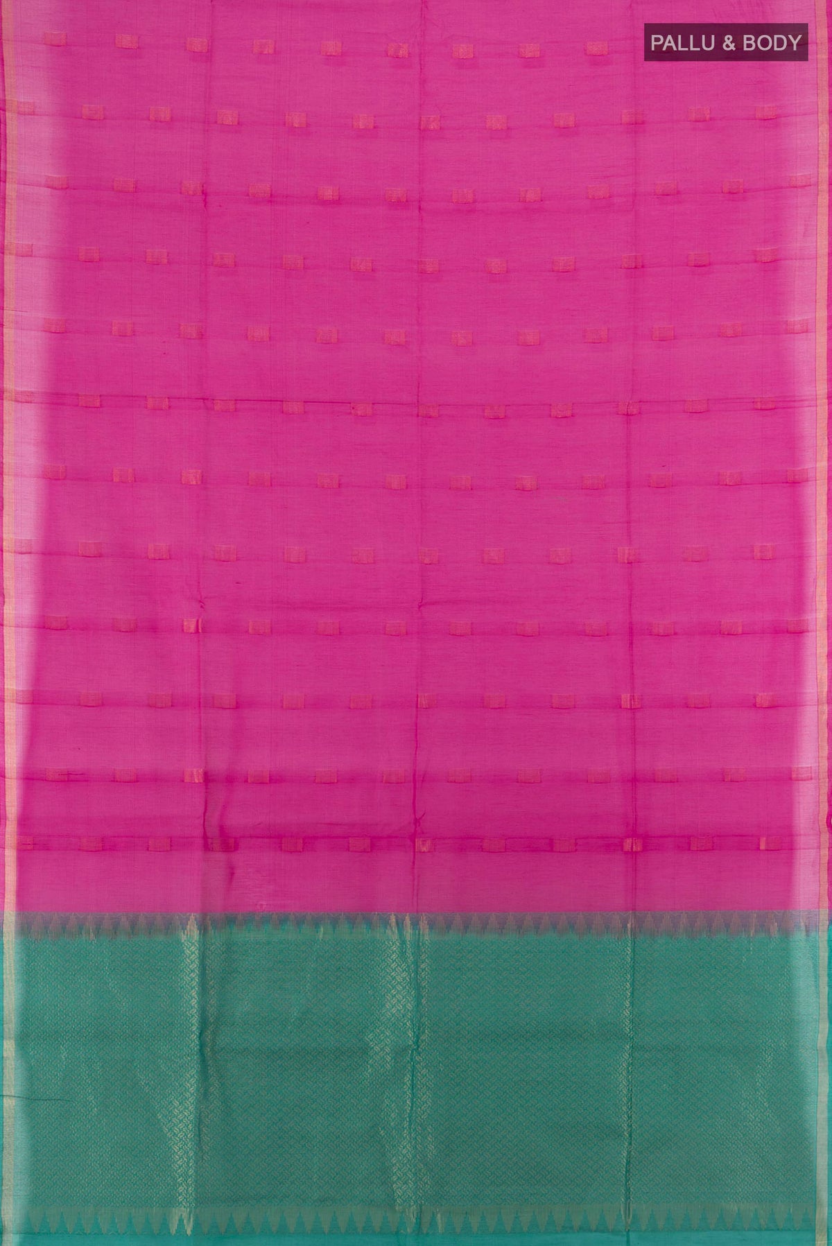 Flat view of Pink Silk Cotton Saree with Zari Butta on the body and Zari Border. 