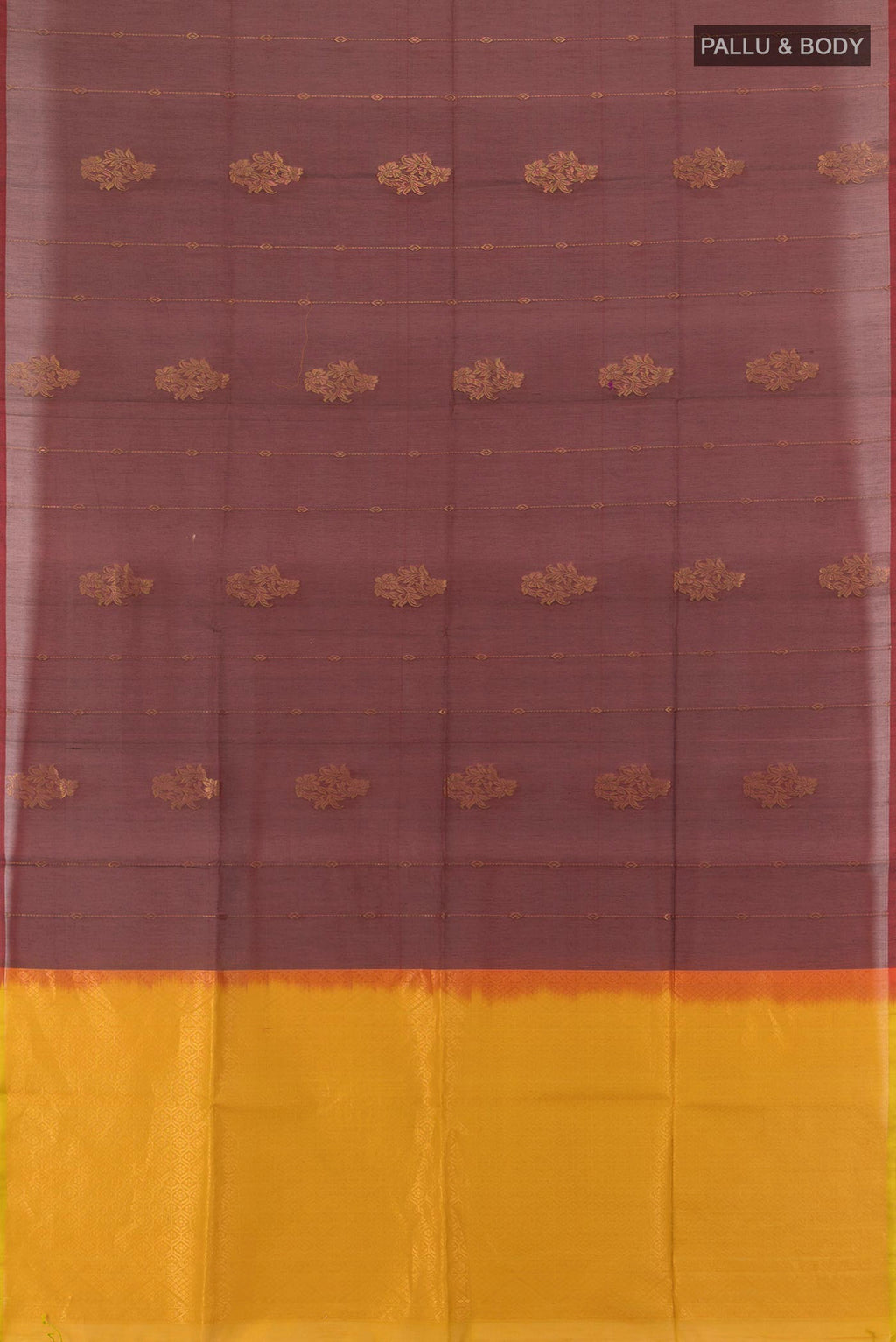Flat view of Brown Silk Cotton Saree with Zari Butta on the body and Zari Border. 